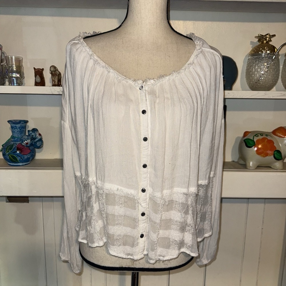 Free People White Button-Front Gauze Peasant Blouse